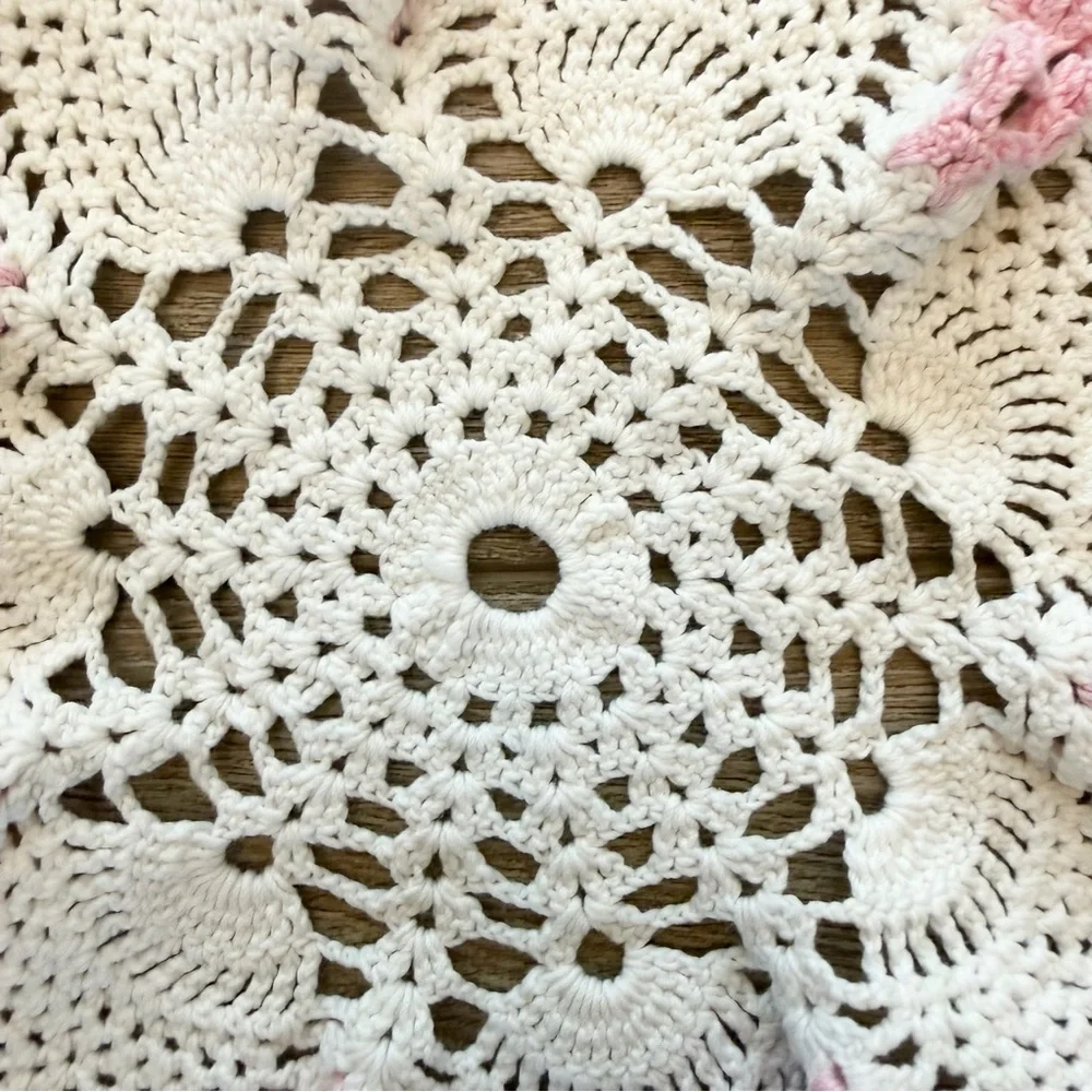 Hand Crochet Doily Bundle of 3 Round Pastels Pink Scalloped Trim‎ Rectangular